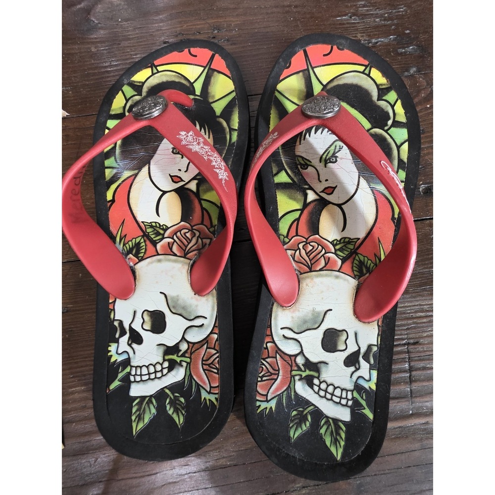 Ed Hardy Frida Kahlo Red Rose Skull Women Flip-Flop Sandals Size 5/6